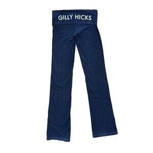 Y2K Gilly Hicks Fold Over Yoga Pants Flare Navy Blue Embroidered Spellout Small